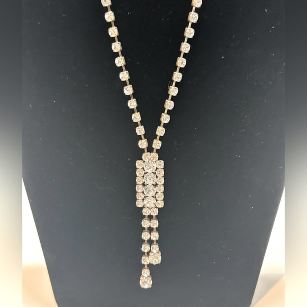 44. J Crew 26 inches rhinestones Art Deco on brass tone chain with spring clasp